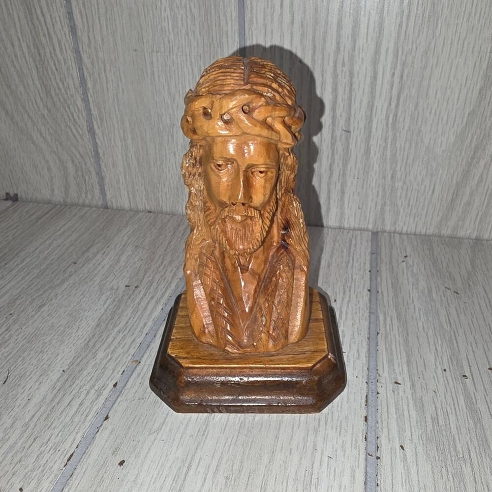 Vtg Hand Carved Wood Jesus Christ Bust/Sculpture On Base Religious Catholic 5x3